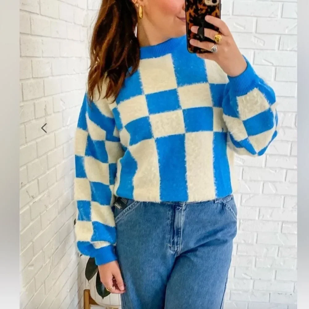 FRNCH Lio Cozy Fuzzy Sweater Blue White Abstract Colorblock Size Small